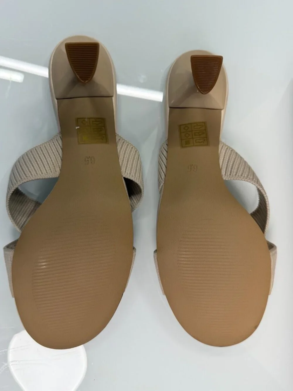 Newbella Beige Knit Criss Cross Mule Heels Sandals Size 6.5